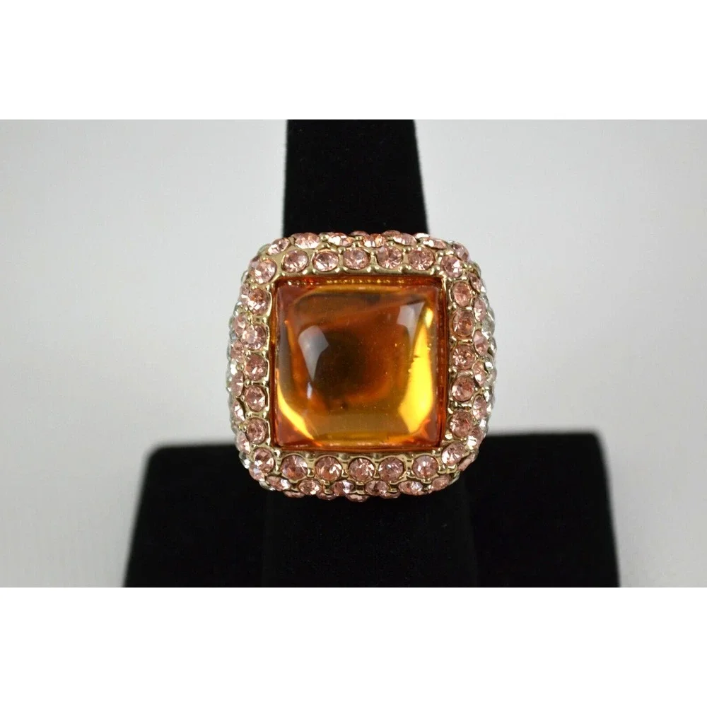 Gold Tone Ring with Yellow Glass Stone Surrounded‎ by Rhinestones Size 8